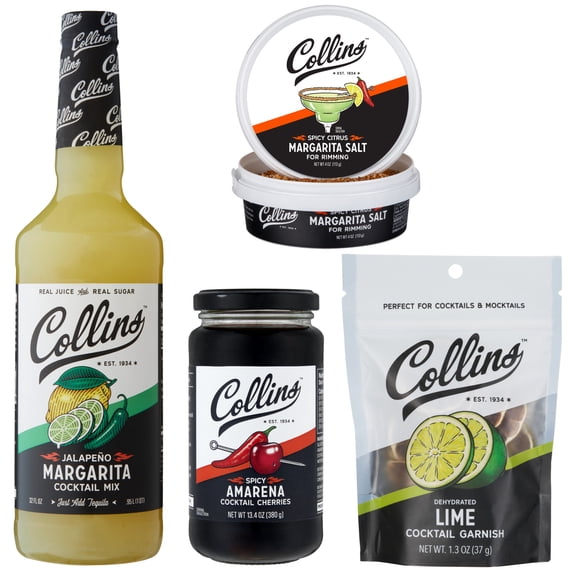 Collins Spicy Margarita Cocktail Kit, Gift Set with Jalapeo Margarita Mix, Spicy Amarena Cherries, Spicy Citrus Salt and Dehydrated Lime Garnish, Craft Tequila Set for Home Bar and Entertaining