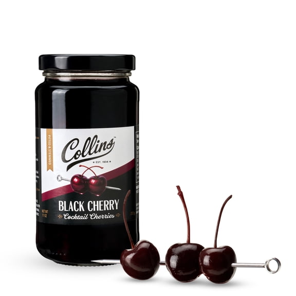 Collins Stemmed Black Cherries for Cocktails, Old Fashioned, Manhattan, and Whiskey Sour, Cocktail Cherry in Sweet Syrup, Garnish for Mocktails, Party Drinks, Baking, Desserts, 11 oz
