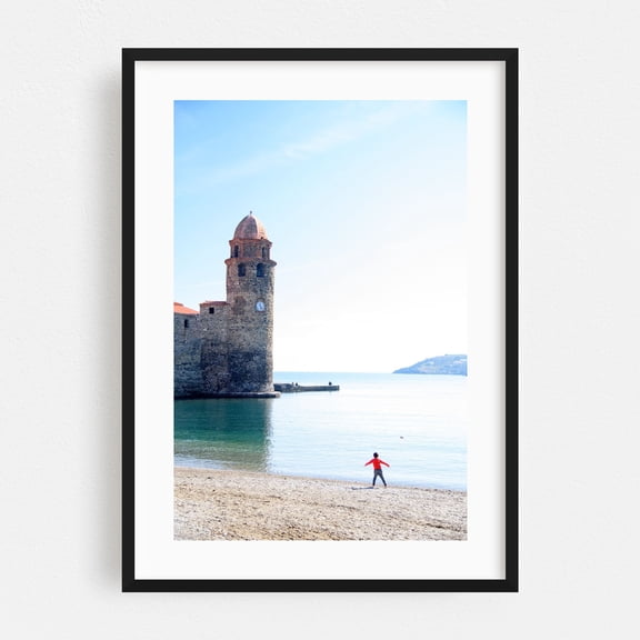 Collioure’s Iconic Bell Tower on the Costa Brava - Photography Seaside Coastal Architecture Beach Landscape Ocean Black Framed Wall Art Print 16 x 24 inches