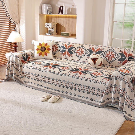 Croniis Boho Sofa Cover with Anti-slip Velcro Tape, Couch Blanket Cover Sectional Sofa Cover for Boho Style, Revitalizing the Old Sofa,Couch Protector,Cotton weaving Maple Leaf Pattern 71*71in