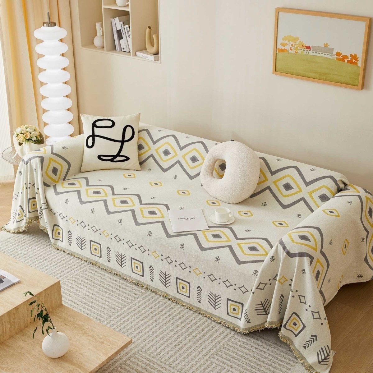 Croniis Boho Sofa Cover with Anti-slip Velcro Tape, Couch Blanket Cover Sectional Sofa Cover for Boho Style, Revitalizing the Old Sofa,Couch Protector,Chenille Fabric diamond pattern 71*134in