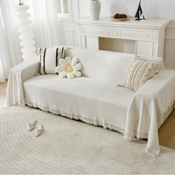 Croniis White Sofa Cover with Velcro, Non Slip Plaid Couch Protector, Pet Friendly Slipcover, 180*180cm, Single Seat