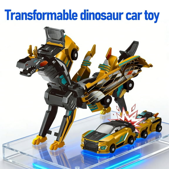 Collision Transforming Dinosaur Car Toy, 2 Magnetic Cars Transform into Dinosaur Toys for Kids Toddler Fun Deformation Robot Dino Car Christmas Birthday Gift Toys for Boys Girl(Golden Dragon)