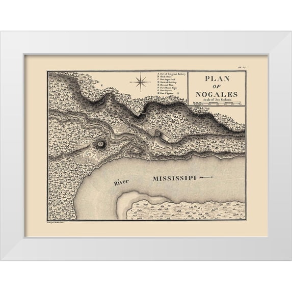 Collot 32x25 White Modern Wood Framed Museum Art Print Titled - Nogales Mississippi - Collot 1796