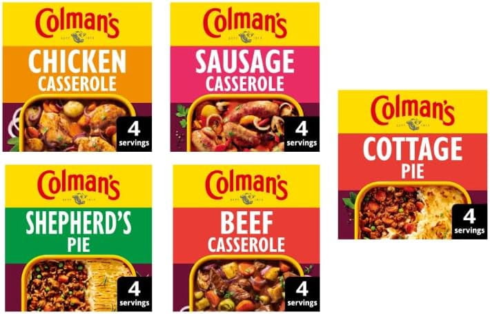 Colman's British Casserole Mix Variety Pack, Chicken, Sausage, Beef, Shepherd's Pie, Cottage Pie - (Pack of 5 x 45g)