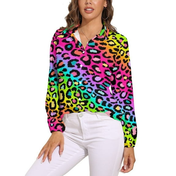 Colofrul Rainbow Leopard Long Sleeve Blouse Woman Streetwear Casual Shirts Summer Oversize Woman Streetwear Clothing Birthday Present