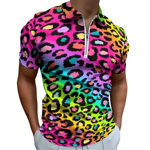 Colofrul Rainbow Leopard Men Zipper T-shirt Summer Casual Short Sleeve T-shirt Top