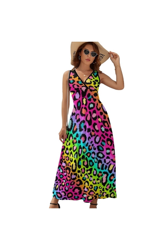 Colofrul Rainbow Leopard Sleeveless Dress Summer Women Clothes Dress for Pregnant Women Dresses