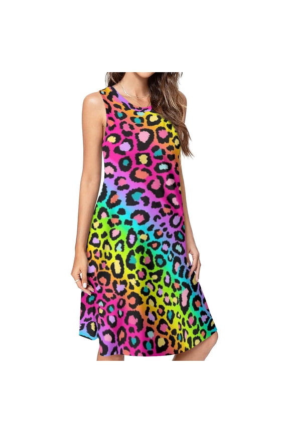 Colofrul Rainbow Leopard Spring Summer Dresses for Women Fashion T-shirt Dress Casual Sleeveless Loose Sundress with Pockets