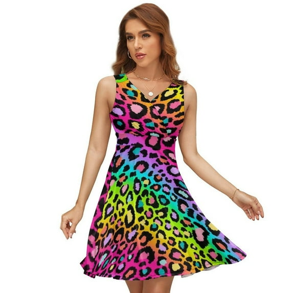 Colofrul Rainbow Leopard Women's Tank Dress V Neck Sleeveless Summer Sundress