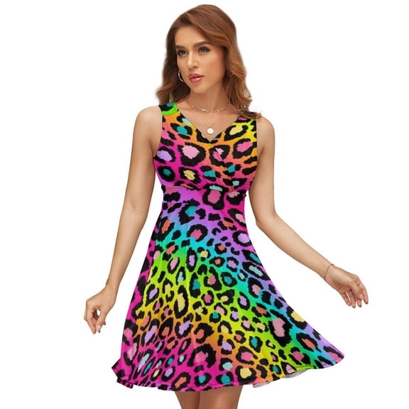 Colofrul Rainbow Leopard Women's Tank Dress V Neck Sleeveless Summer Sundress