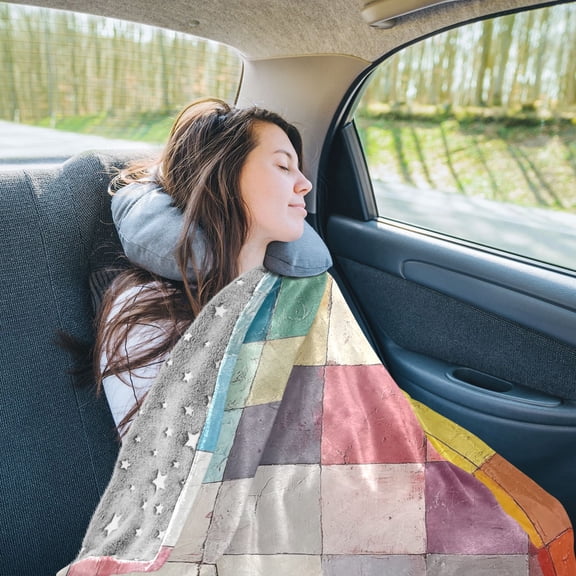 Coloful Grids Travel Blanket Pillow Compact Foldable Airplane Throw Blanket with Trolley Sleeve for Travel Camping