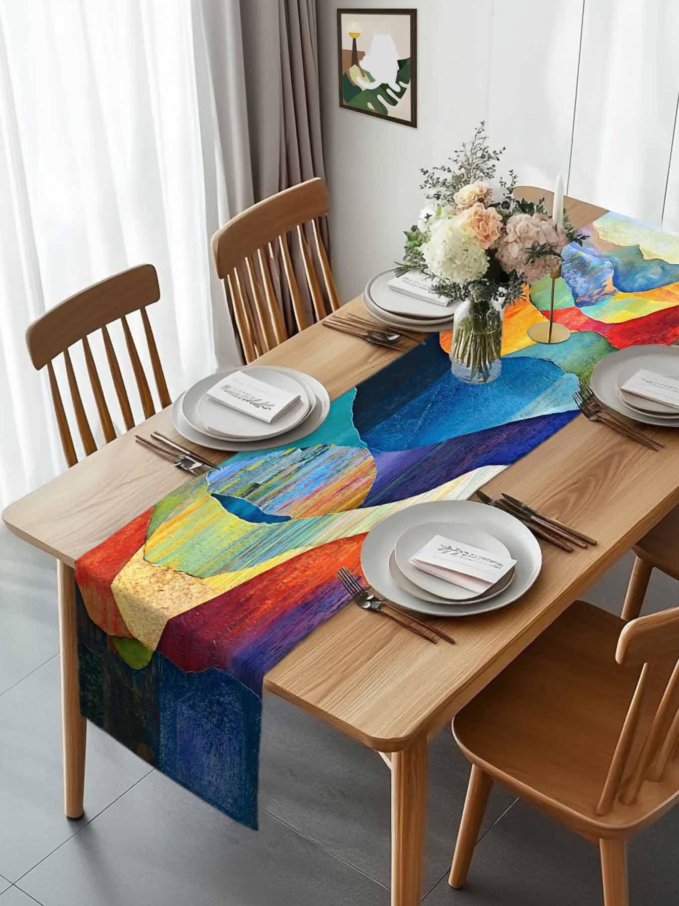 Coloful Mountain Watercolor Oil Painting Art Table Runner 90 Inches Long, Abstract Geometric Modern Table Runners Tabletop Scarf Kitchen Dining Tables Decoration for Home Party Indoor Outdoor