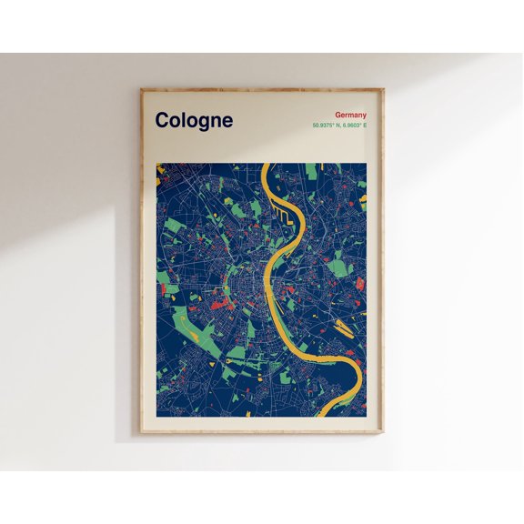 Cologne Germany Map Modern City Design Travel Wall Art Poster , Poster Print Only