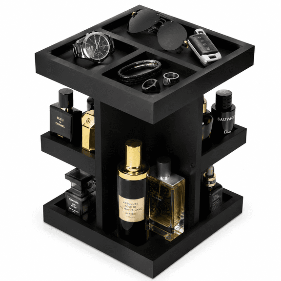 3 Tier Rotating Wooden Cologne Organizer for Men  Perfume Display Stand, Watch & Jewelry Tray, Desk Organizer, Luxury Grooming Storage Shelf, Gift for Dad, Husband, Boyfriend