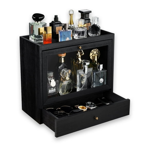 Honiway Cologne Organizer for Men, Large Capacity Dustproof Cologne Holder with Drawer Storage Perfume Stand Organizer (Black)