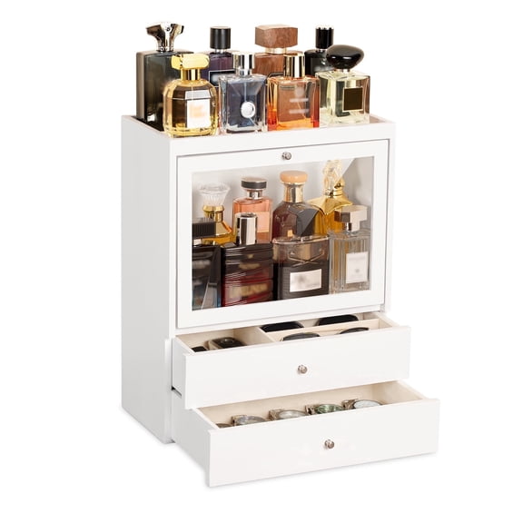 Dinmligt Cologne Organizer, 4 Tier Vertical Wood Perfume Stand for Men, Large Capacity Perfumes Organizer with Double Drawer Storage,White
