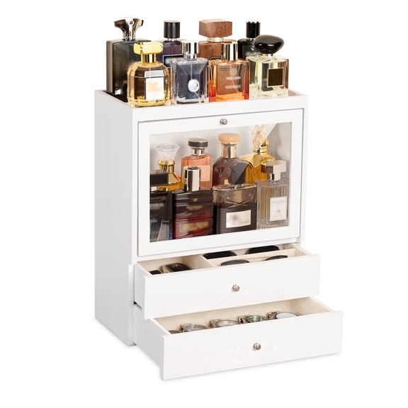 Dinmligt Cologne Organizer, 4 Tier Vertical Wood Perfume Stand for Men, Large Capacity Perfumes Organizer with Double Drawer Storage,White