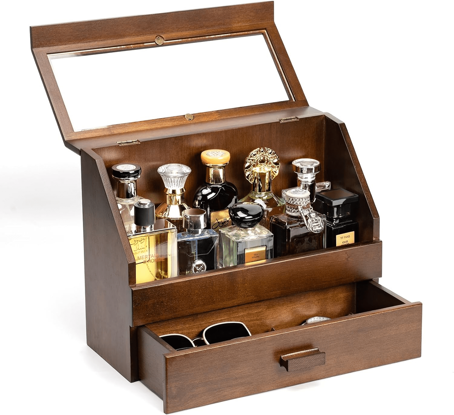 Cologne Organizer for Men, Wood Perfume Organizer Storage with Drawer