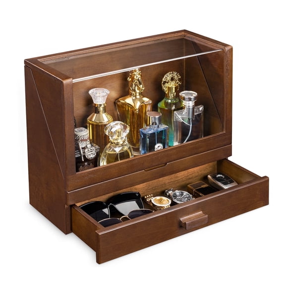 Honiway Cologne Organizer for Men, Wood Perfume Organizer Storage with Drawer & Acrylic Panel-Large
