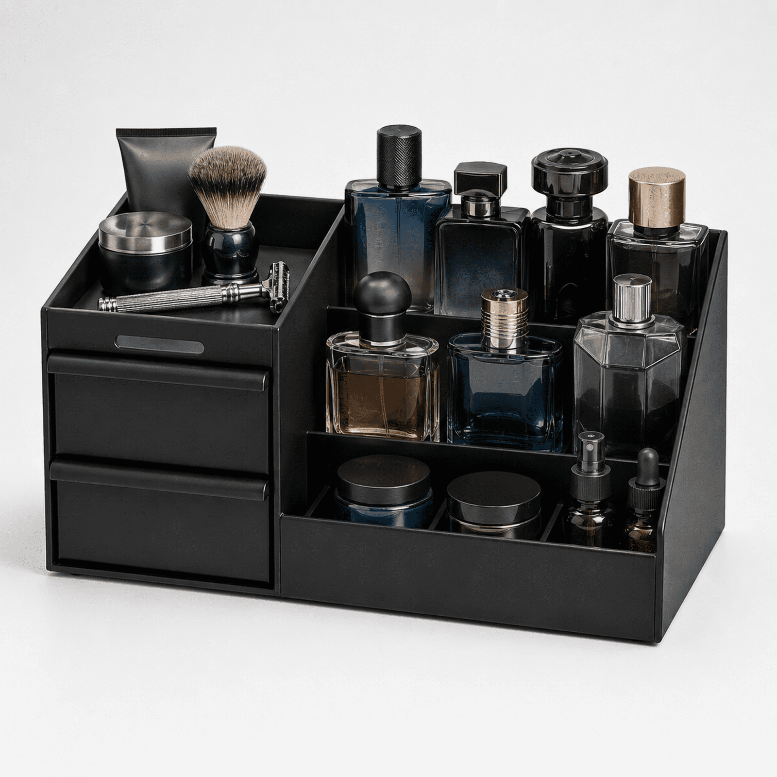 Cologne Organizer for Men, Cologne Stand with 2 Storage Drawers, Vanity Perfume Organizer for Bedroom Dresser, Countertop Display Case