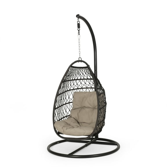 Coloma Outdoor Wicker and Rope Foldable Hanging Chair with Stand, Multibrown, Tan, and Black