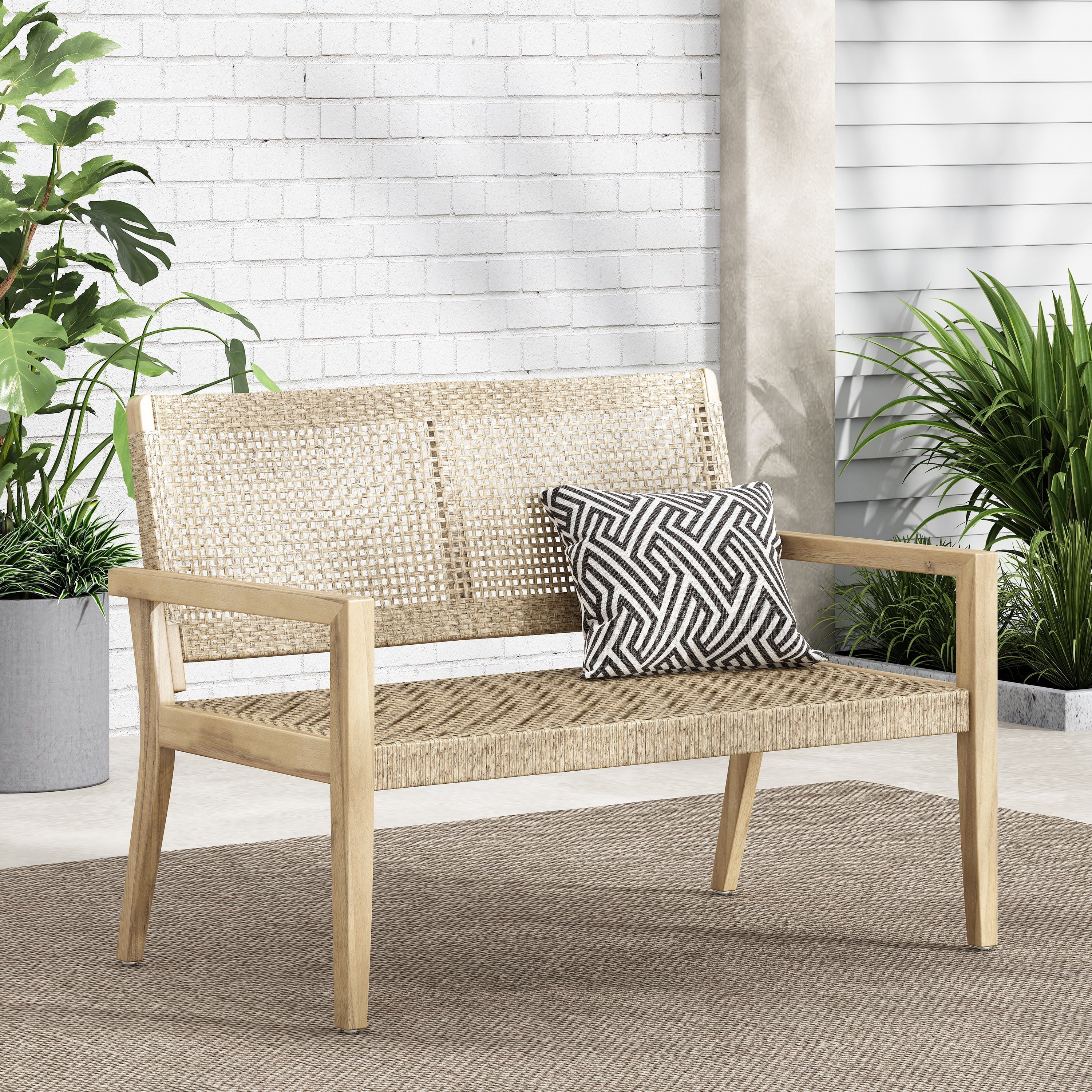 Coloma Wicker and Acacia Wood Outdoor Loveseat, Light Multibrown and Light Brown