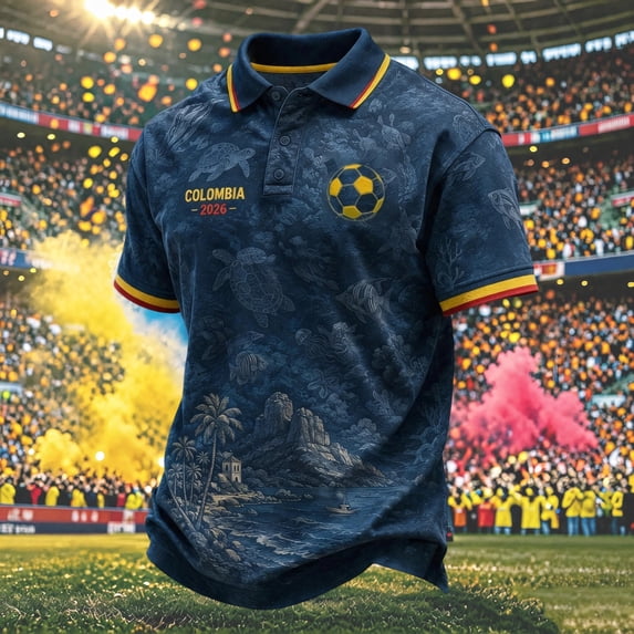 Colombia 2026 Soccer Cup Fan Jersey for Men, Short Sleeve Polo Shirt with Cityscape & Tricolor Graphic, Breathable Mesh Sports Top, 1 PC Royal Blue XXXL