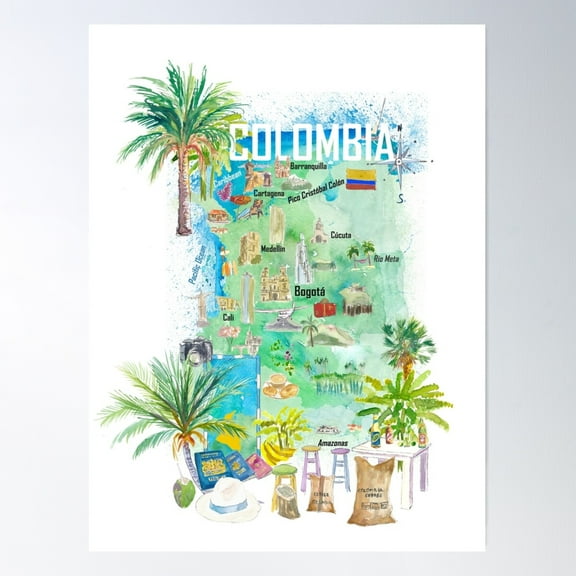 Colombia Illustrated Travel Map With Tourist Attractions And Highlights Poster Wall Art, Modern Wall Decor For Living Room Bedroom, 16x24 UNFRAMED