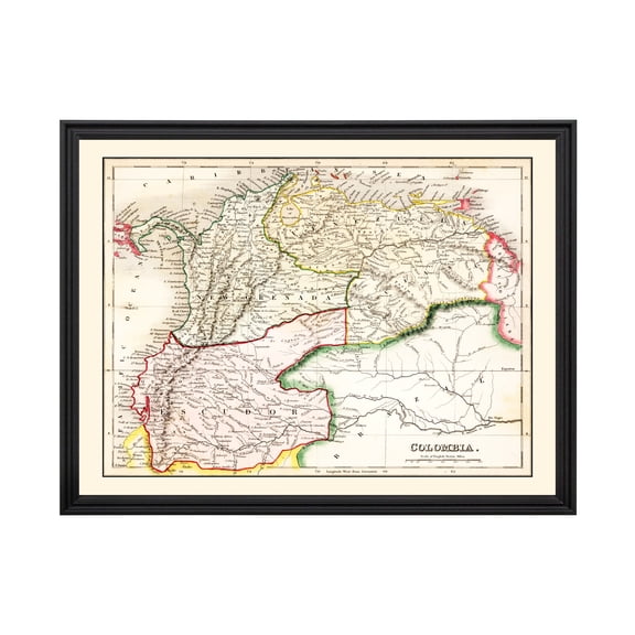 Colombia Map, 1832 Vintage Map of Colombia History Wall Decor Gift, Old Colombia Map - 24" x 18" Black Framed Print