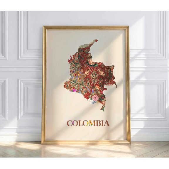 Colombia Map Floral Map Of Colombia Botanical South America Travel Country Map Decorative Wall Art Poster , Poster Print Only
