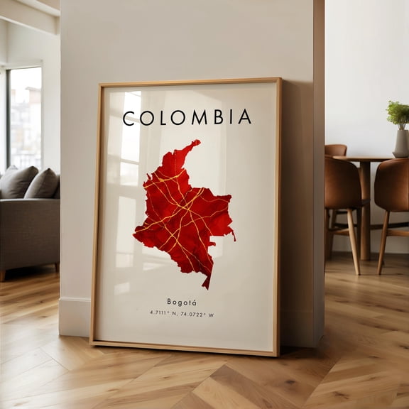 Colombia Map PRINTED Poster Red and Gold South America Wall Art Print Home Decor Geography Map Gift Wallpaper