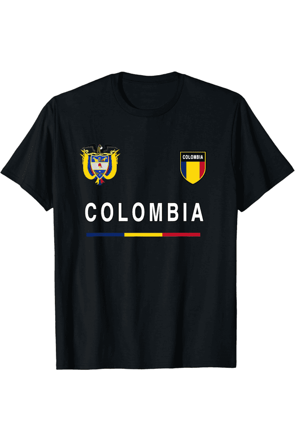 Colombia Soccer Fan T-Shirt National Flag Coat of Arms Graphic Tee Retro Style Black Unisex Apparel