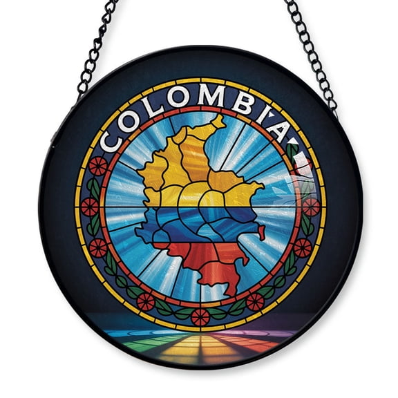 Colombia Travel Decor Suncatcher Stained Glass Window Hanging, Gift for Traveller, Collection of Country Travel Souvenirs for Family and Friends, Colombia Map and Flag Décor