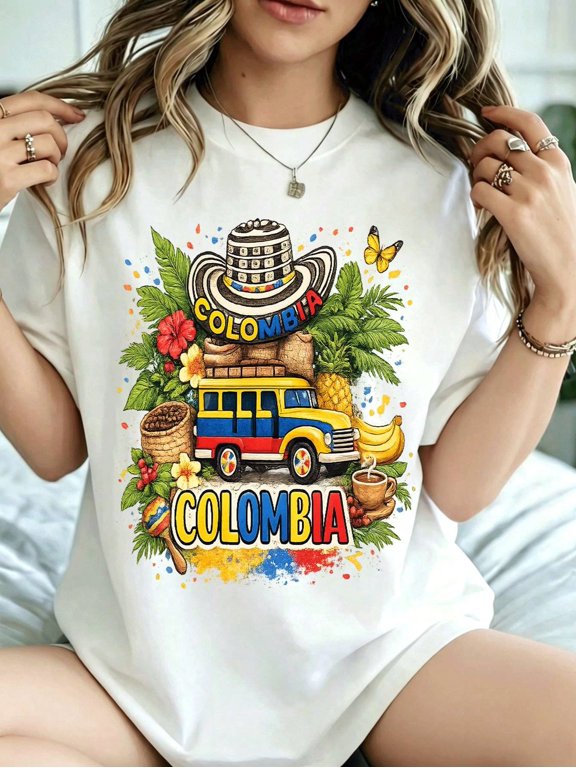 Colombia Travel Elements Women'S Summer T-Shirt, Vintage Boho Casual Style, Crew Neck Printed Short Sleeve, Slight Stretch, Relaxed Comfort