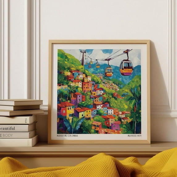 Colombia Wall Art – Colorful Medellín Hillside With Cable Cars And Tropical Foliage, Vibrant Painterly Travel Print Wall Art, Modern Wall Decor, 16x16 UNFRAMED