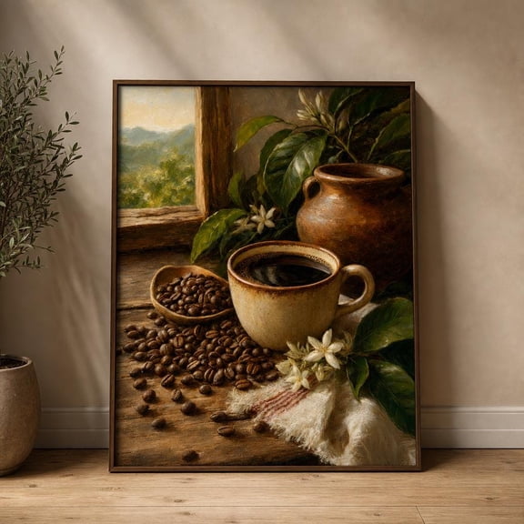 Colombian Coffee Wall Art, Rustic Coffee Bar Print, Kitchen Still Life Poster, Farmhouse Cafe Decor , Poster Print Only
