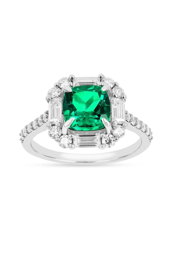 Colombian Created Emerald Cushion Halo Ring