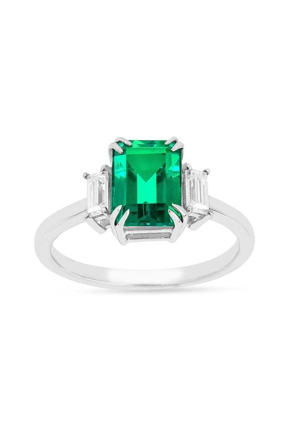 Colombian Created Emerald Three Stone Ring