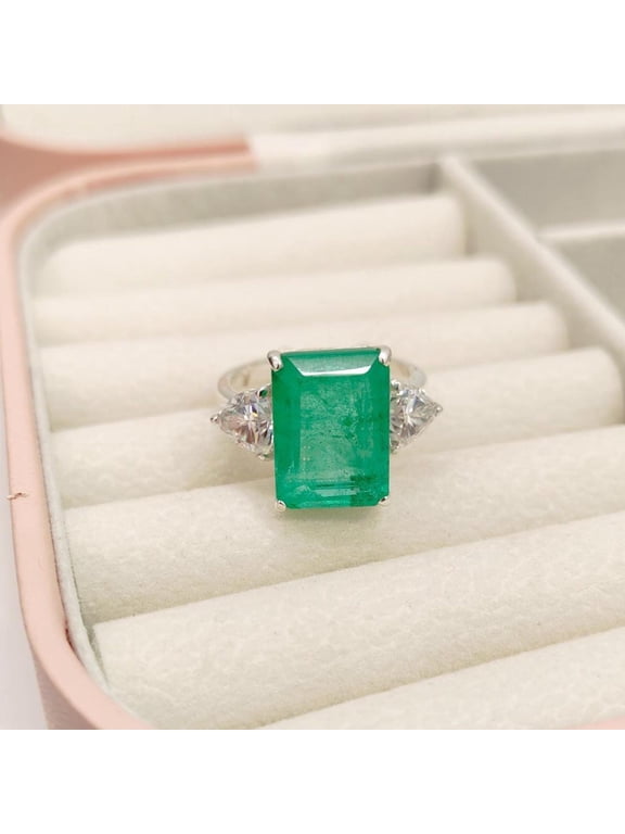 Colombian Emerald Moissanite Ring, Octagon Cut Emerald Ring, 925 Sterling Silver Ring, real moissanite ring, natural touch emerald ring