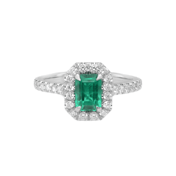 Colombian Vivid Green 0.90cts Emerald Diamond Halo Engagement Ring Platinum