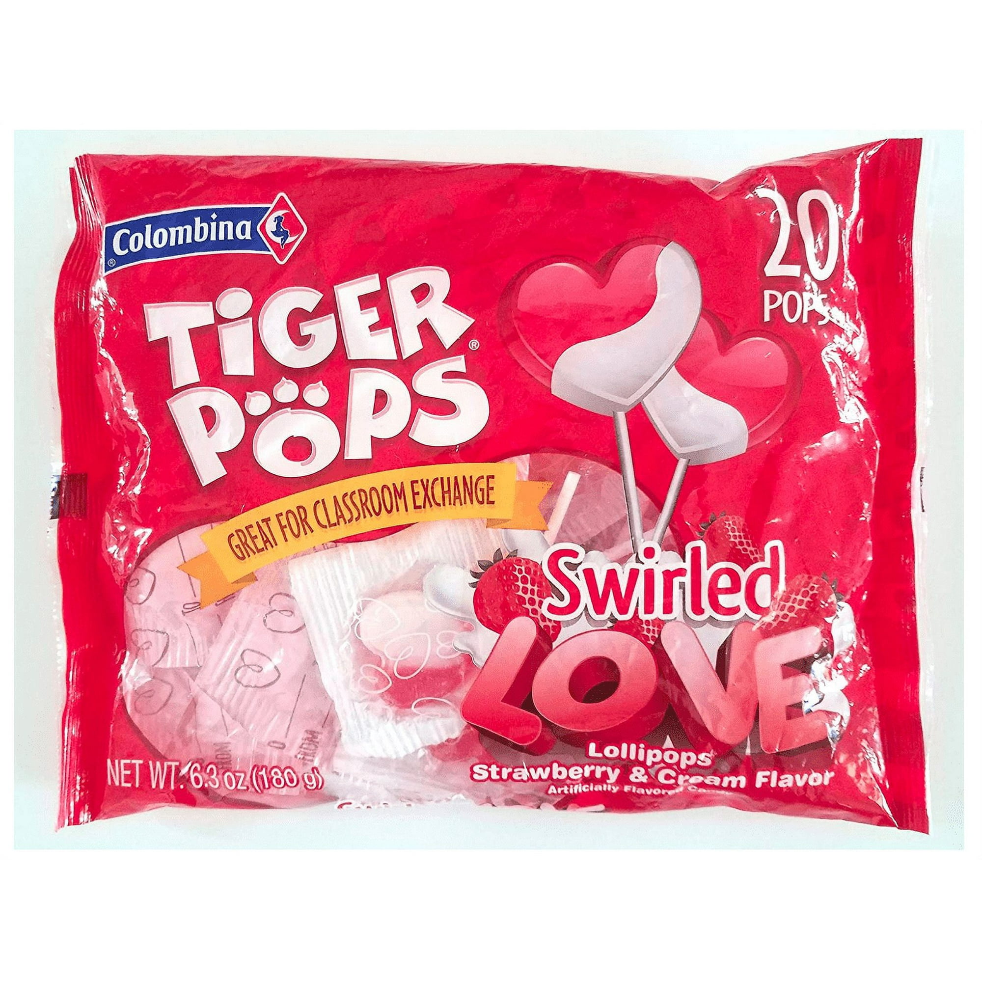 Colombina (1 Bag) Tiger Pops Valentine Candy - 20 Swirled Heart Love  Lollipops - Strawberry & Cream Flavor - Red & White - 6.3 oz / 180 g