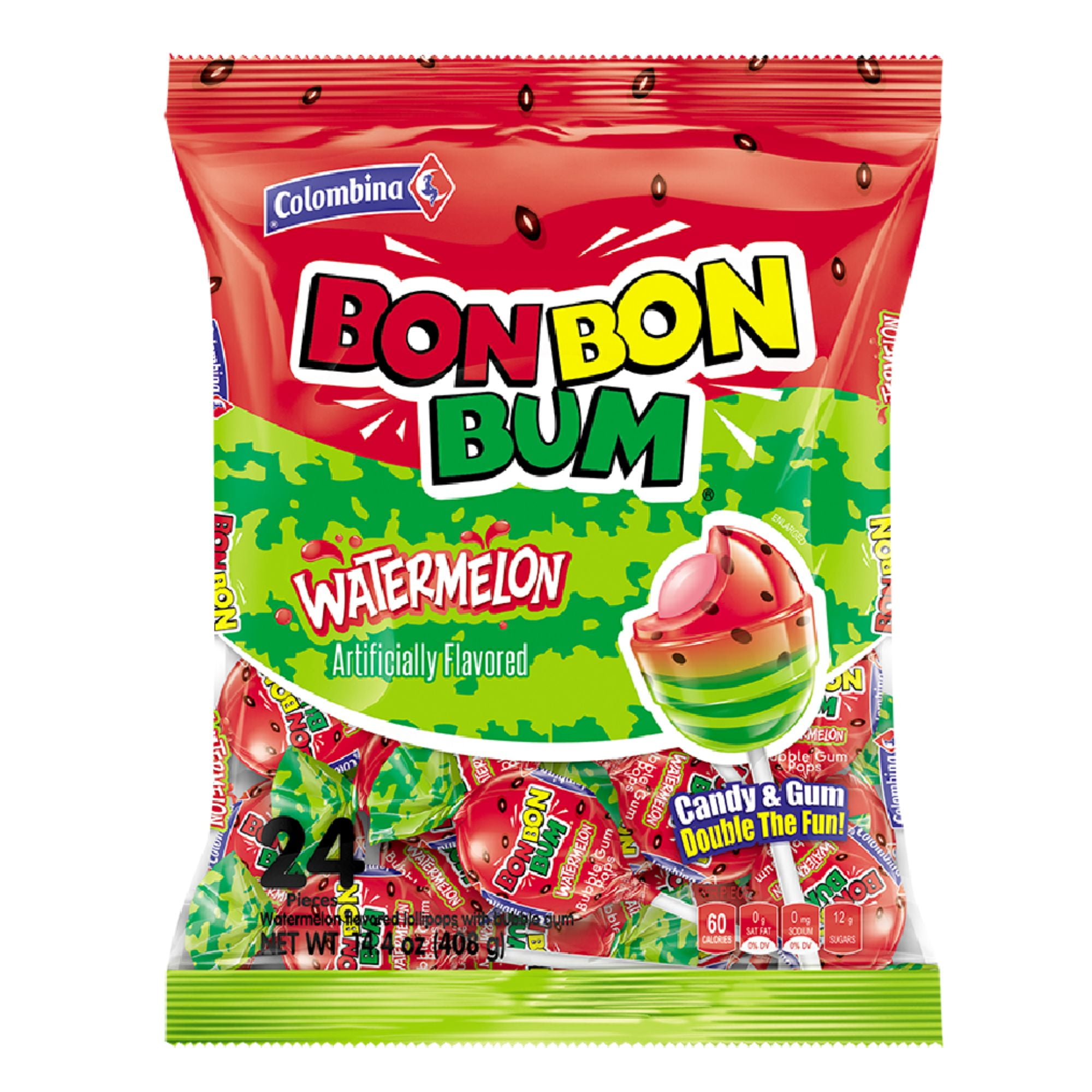 COLOMBINA Bon Bon Bum Fruity Lollipop with Bubble Gum Center, 12 Count