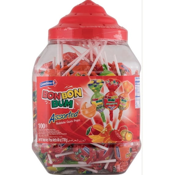 Colombina Bon Bon Bum Assorted Pops, 100 Count Jar