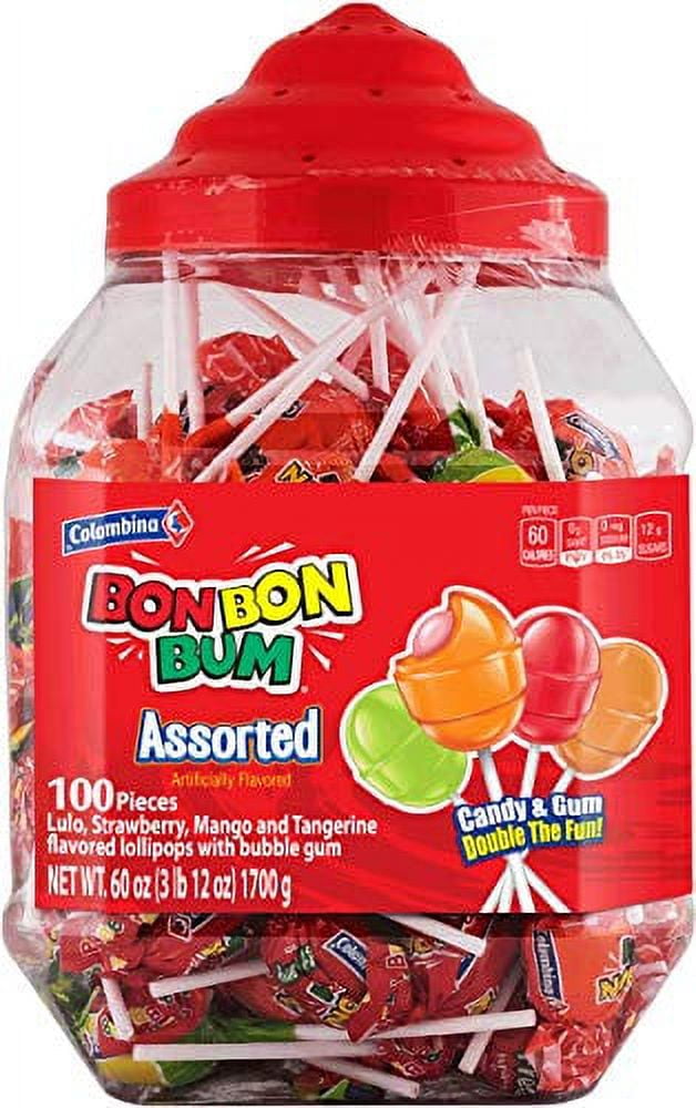 Colombina Bon Bon Bum Lollipops w/Bubble Gum Center - Classic Strawberry  Flavor, 1 Pack of Individually Wrapped Gluten Free Pops, Ideal Holiday  Candy