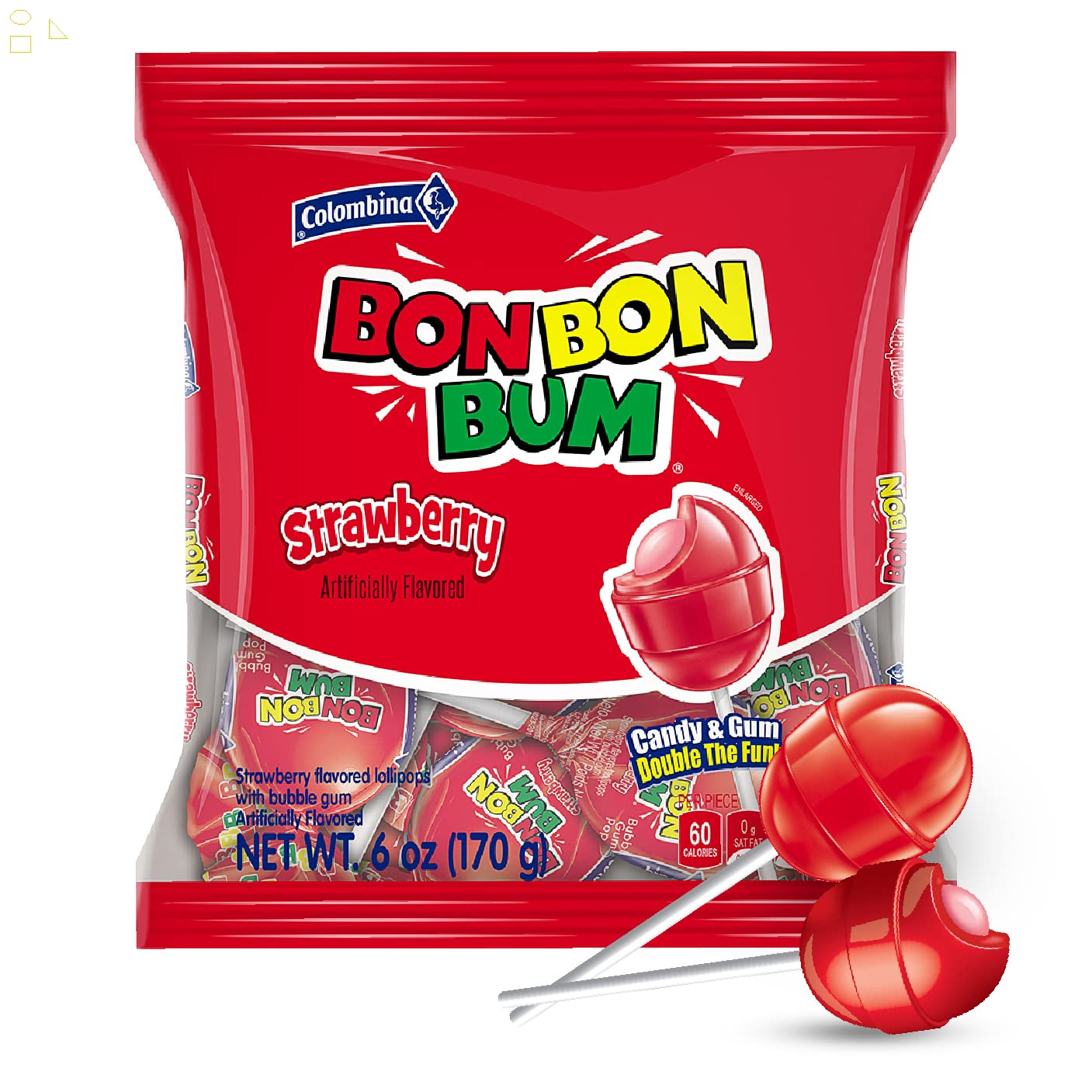 Colombina Bon Bon Bum Classic Lollipops Sweet Strawberry with Chewy