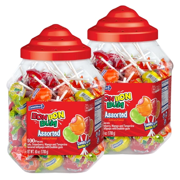 Colombina Bon Bon Bum Lollipops w/Bubble Gum Center Assorted Jar - Lollipops Individually Wrapped of 4 Different Flavors: Lulo Fruit, Strawberry, Mango, and Tangerine - 60 oz bag (100 count)
