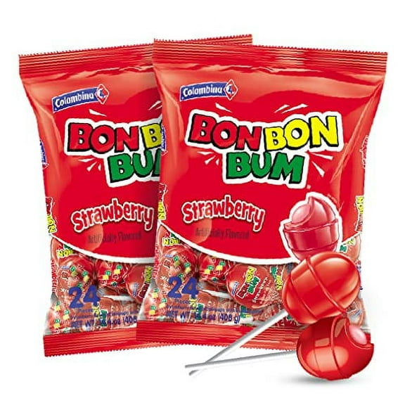 Colombina Bon Bon Bum Lollipops w/Bubble Gum Center - Classic Strawberry Flavor, 2 Pack of Individually Wrapped Gluten Free Pops, Ideal Holiday Candy and Party Favors, 14.4 oz bag, (48 count)