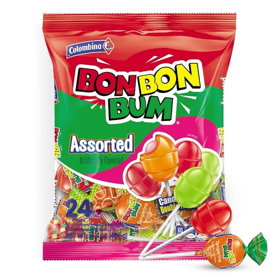 Colombina Bon Bon Bum Lollipops w/Bubble Gum Center - Individually Wrapped Assorted Suckers and Lollipops Pack, Lulo, Strawberry, Intense Strawberry and Tangerine Flavors, 14.4 oz bag, (24 count)