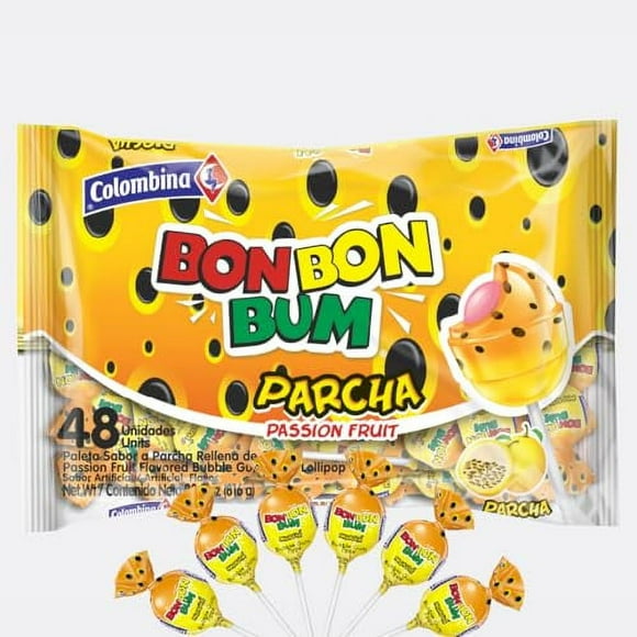 Colombina Bon Bon Bum Lollipops w/Bubble Gum Center - Passion Fruit Flavor, 1 Pack of Individually Wrapped Gluten Free Pops, Ideal for Party Favors, 14.4 oz bag, (48 count)